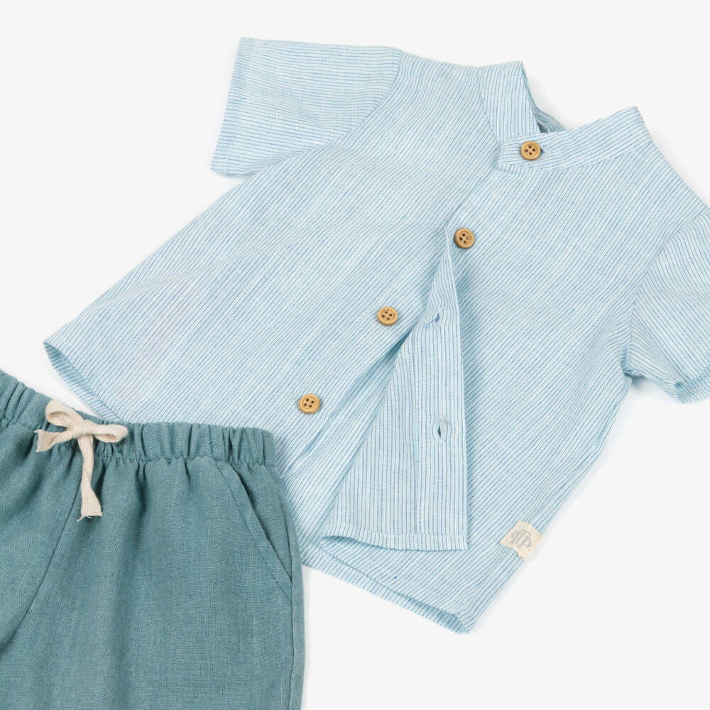 Tutto Piccolo-Boys Teal Blue Cotton Striped Shirt & Shorts Set | Childrensalon