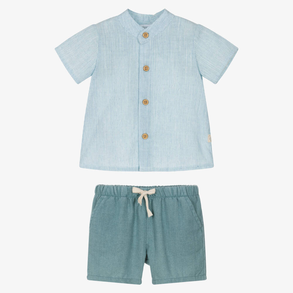 Tutto Piccolo-Boys Teal Blue Cotton Striped Shirt & Shorts Set | Childrensalon