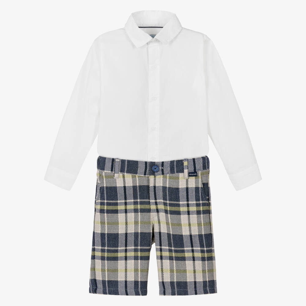 Tutto Piccolo-Boys White Poplin Shirt & Checked Twill Shorts Set | Childrensalon