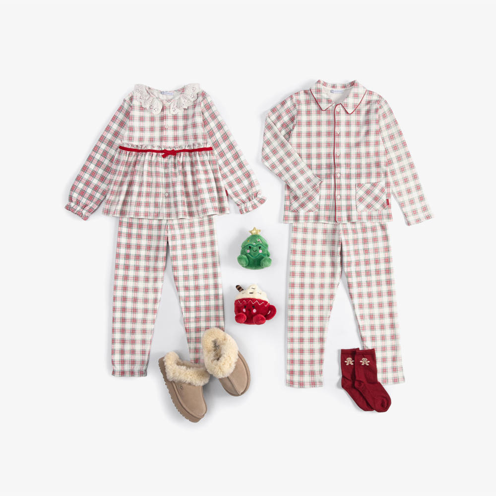 Tutto Piccolo-Boys White & Red Check Cotton Jersey Pyjamas | Childrensalon