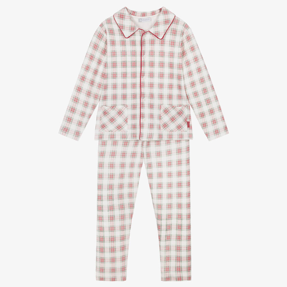Tutto Piccolo-Boys White & Red Check Cotton Jersey Pyjamas | Childrensalon