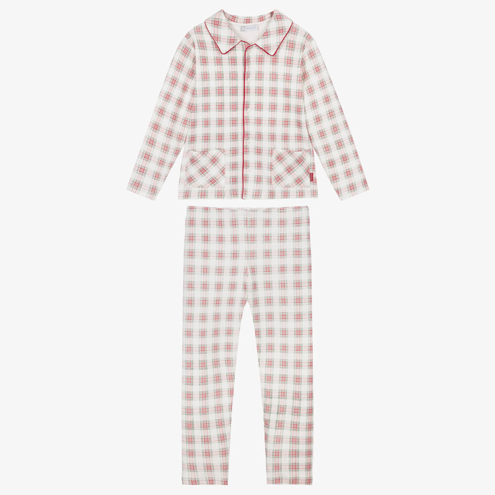 Tutto Piccolo-Boys White & Red Check Cotton Jersey Pyjamas | Childrensalon