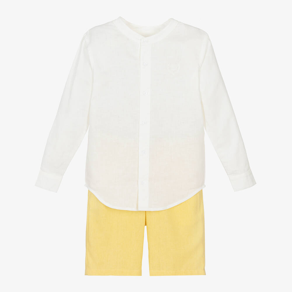 Tutto Piccolo-Boys White & Yellow Cotton & Linen Shorts Set | Childrensalon