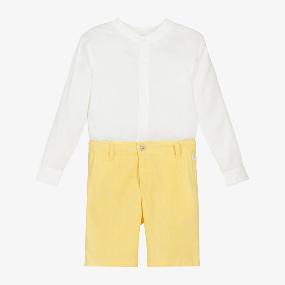 Tutto Piccolo-Boys White & Yellow Cotton & Linen Shorts Set | Childrensalon