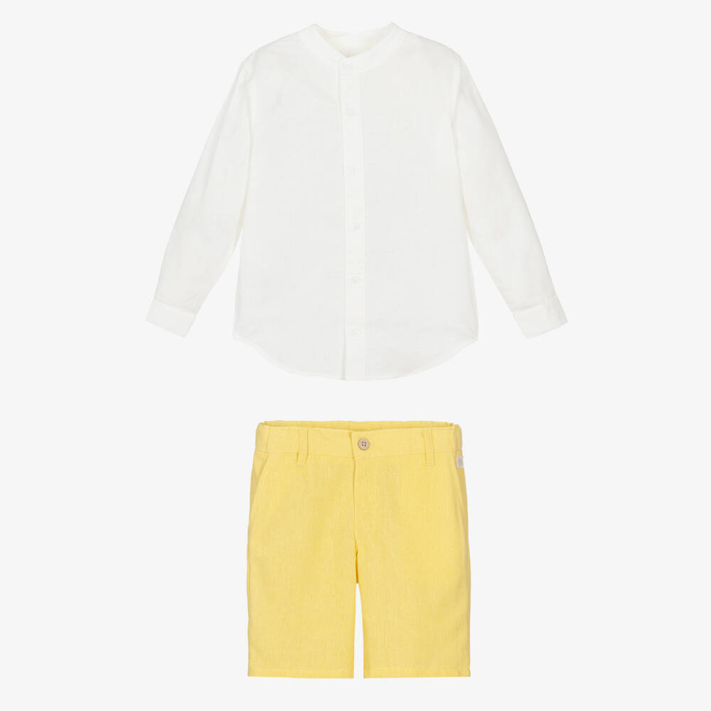 Tutto Piccolo-Boys White & Yellow Cotton & Linen Shorts Set | Childrensalon