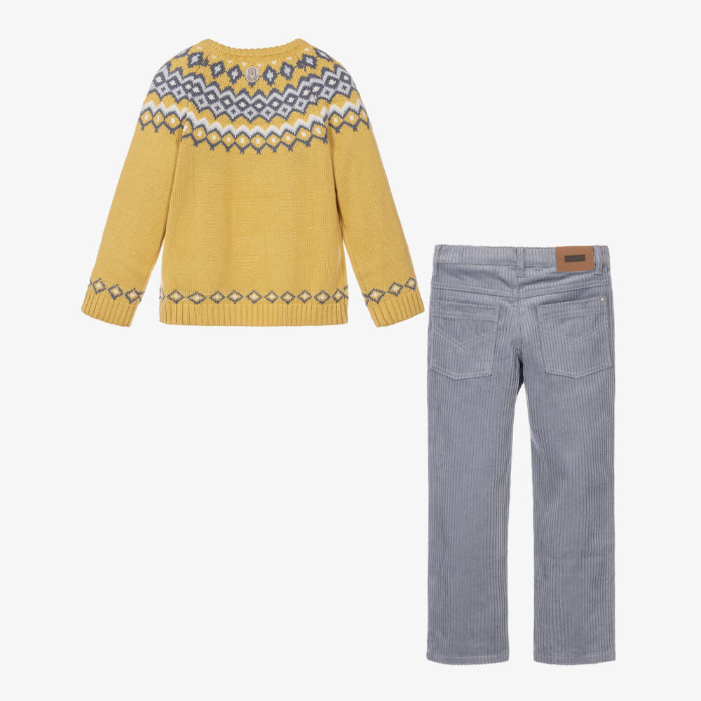 Tutto Piccolo-Boys Yellow Fair Isle Sweater & Grey Trouser Set | Childrensalon