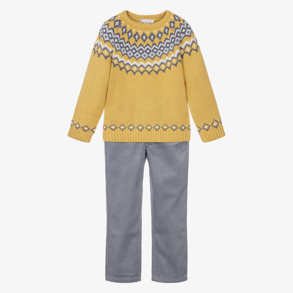 Tutto Piccolo-Boys Yellow Fair Isle Sweater & Grey Trouser Set | Childrensalon