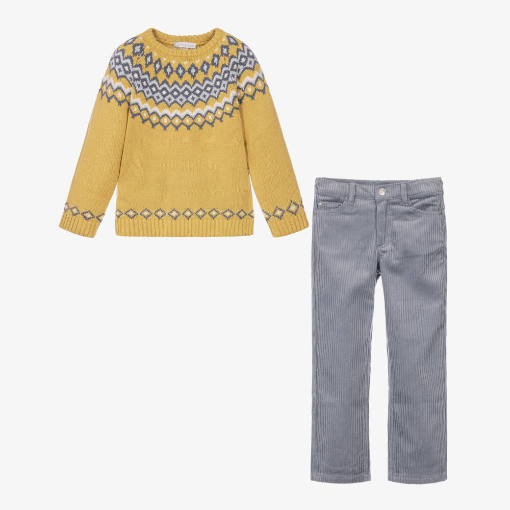 Tutto Piccolo-Boys Yellow Fair Isle Sweater & Grey Trouser Set | Childrensalon