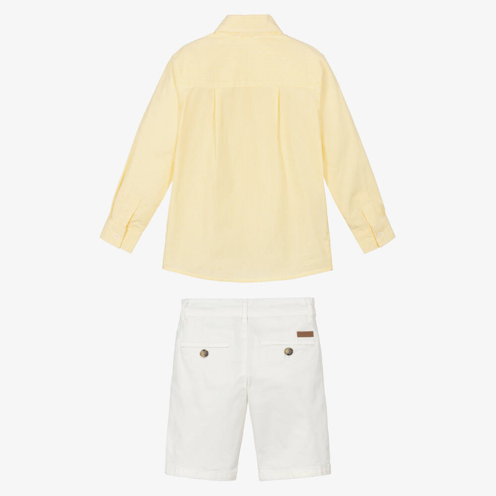 Tutto Piccolo-Boys Yellow Stripe Shirt & White Cotton Shorts Set | Childrensalon