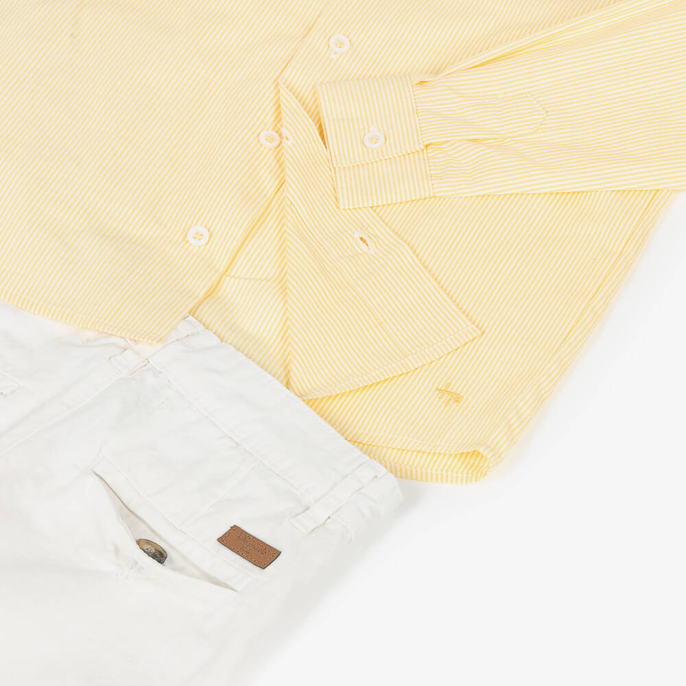 Tutto Piccolo-Boys Yellow Stripe Shirt & White Cotton Shorts Set | Childrensalon