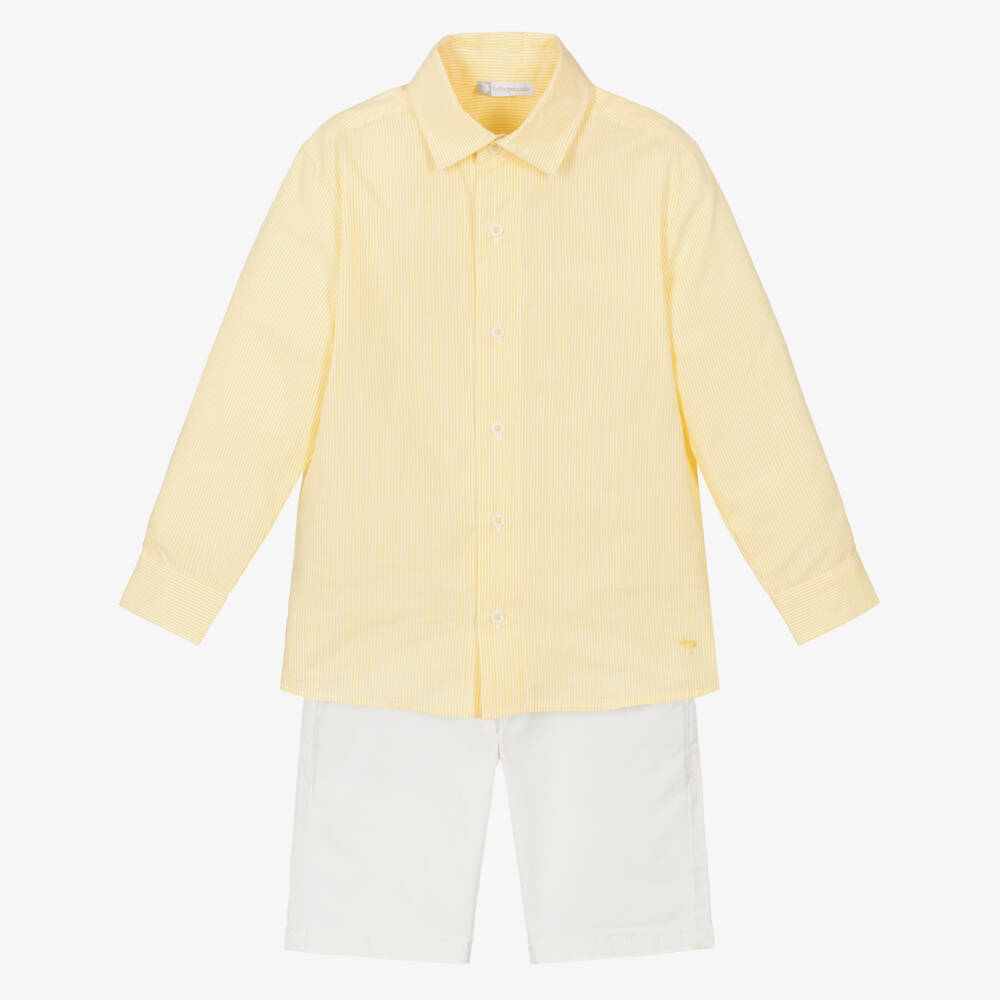 Tutto Piccolo-Boys Yellow Stripe Shirt & White Cotton Shorts Set | Childrensalon
