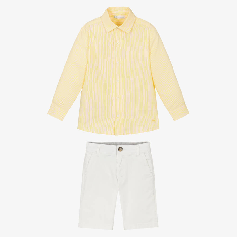 Tutto Piccolo-Boys Yellow Stripe Shirt & White Cotton Shorts Set | Childrensalon