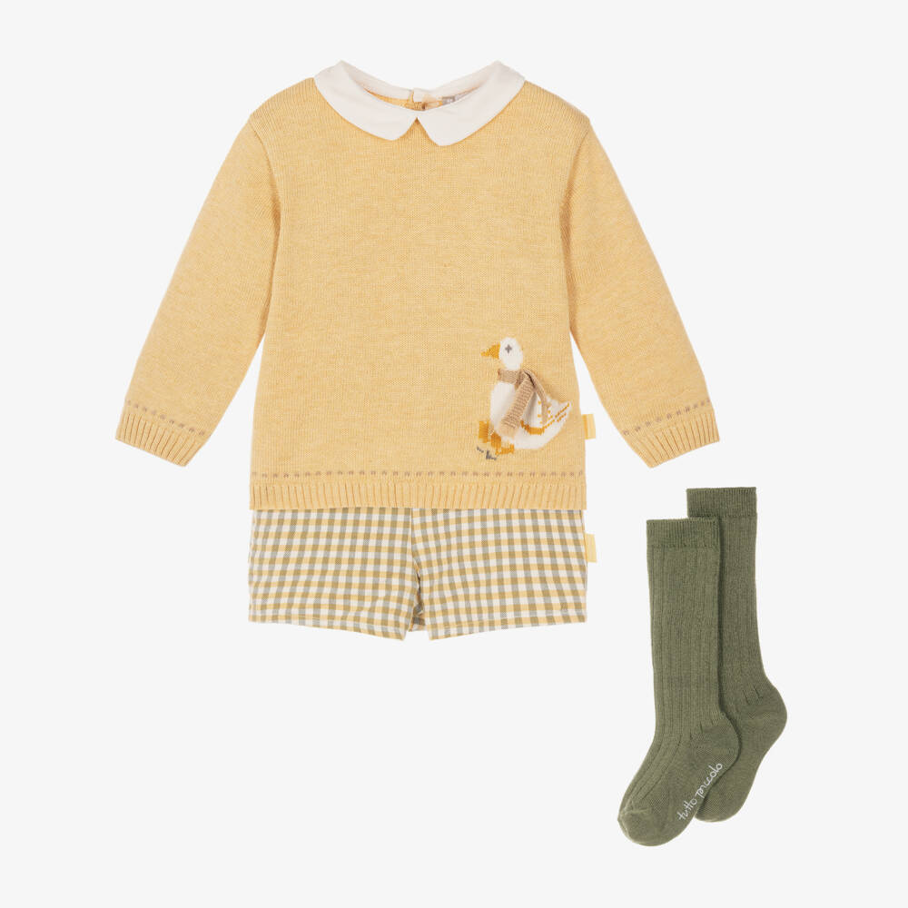 Tutto Piccolo-Boys Yellow Sweater & Green Check Shorts Set | Childrensalon