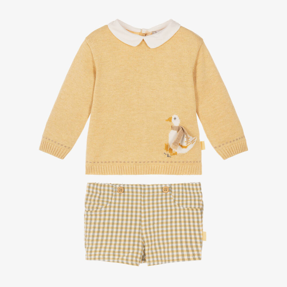 Tutto Piccolo-Boys Yellow Sweater & Green Check Shorts Set | Childrensalon