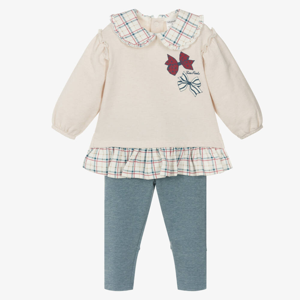 Tutto Piccolo-Girls Beige & Blue Cotton Leggings Set with Bow Print | Childrensalon