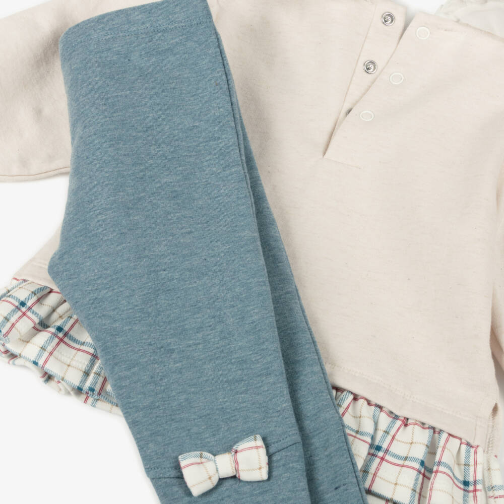 Tutto Piccolo-Комплект с легинсами бежево-синий из хлопка с бантиками для девочек | Childrensalon