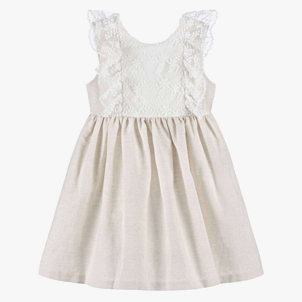 Tutto Piccolo-Girls Beige Linen & Cotton Dress with Lace Bodice | Childrensalon