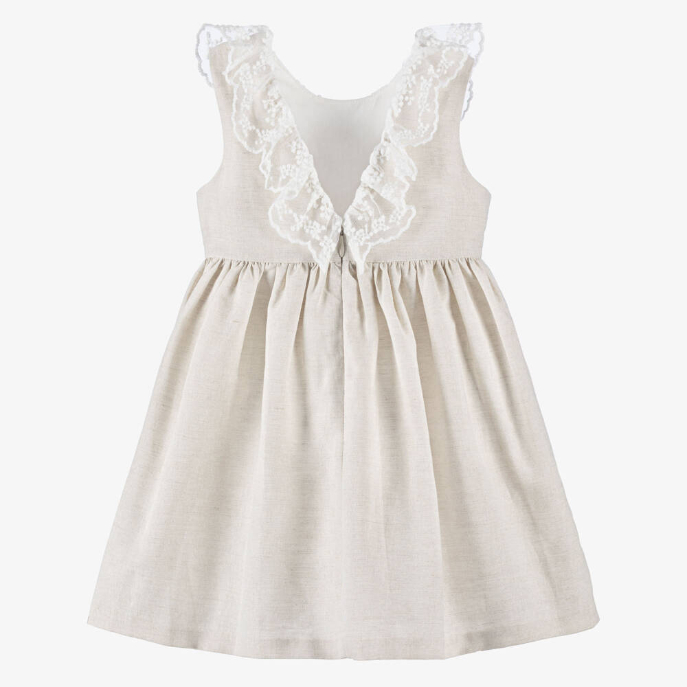 Tutto Piccolo-Girls Beige Linen & Cotton Dress with Lace Bodice | Childrensalon