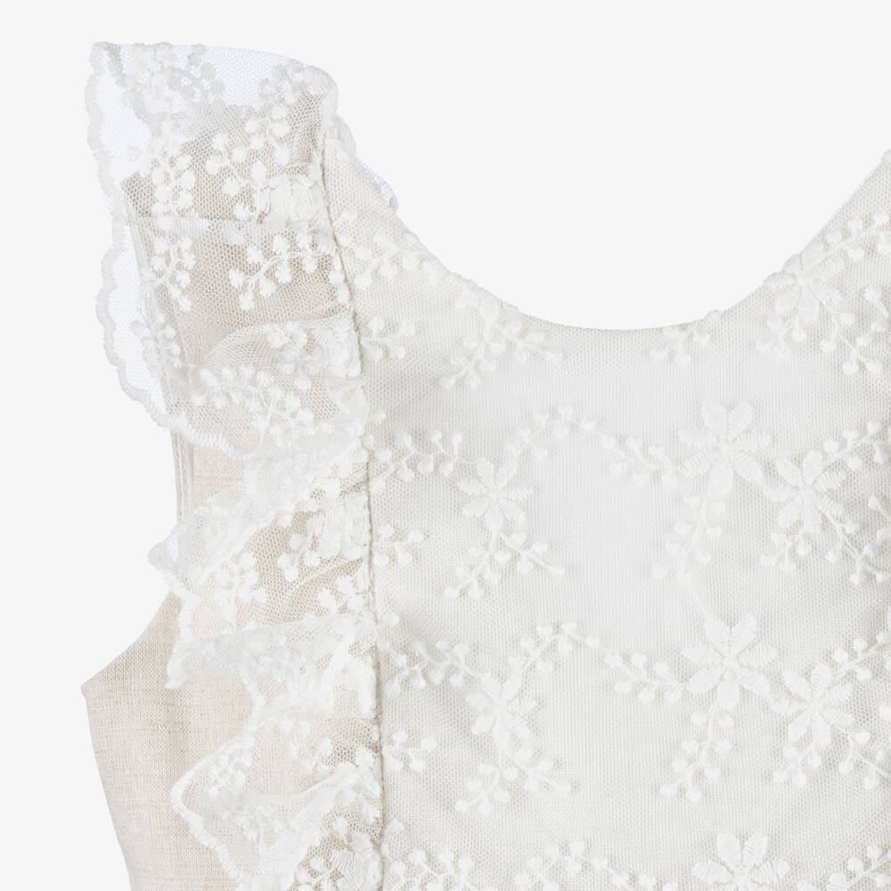 Tutto Piccolo-Girls Beige Linen & Cotton Dress with Lace Bodice | Childrensalon