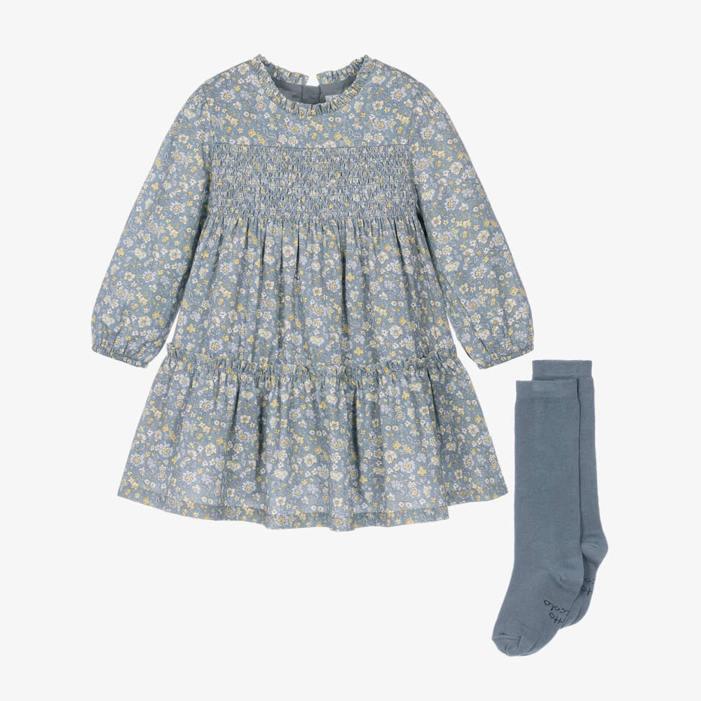 Tutto Piccolo-Girls Blue Floral Dress Set with Socks | Childrensalon
