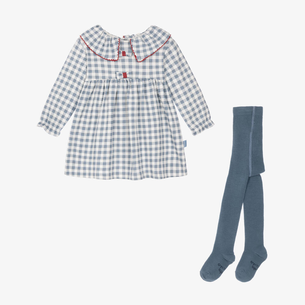 Tutto Piccolo-Girls Blue Gingham Dress Set with Tights | Childrensalon