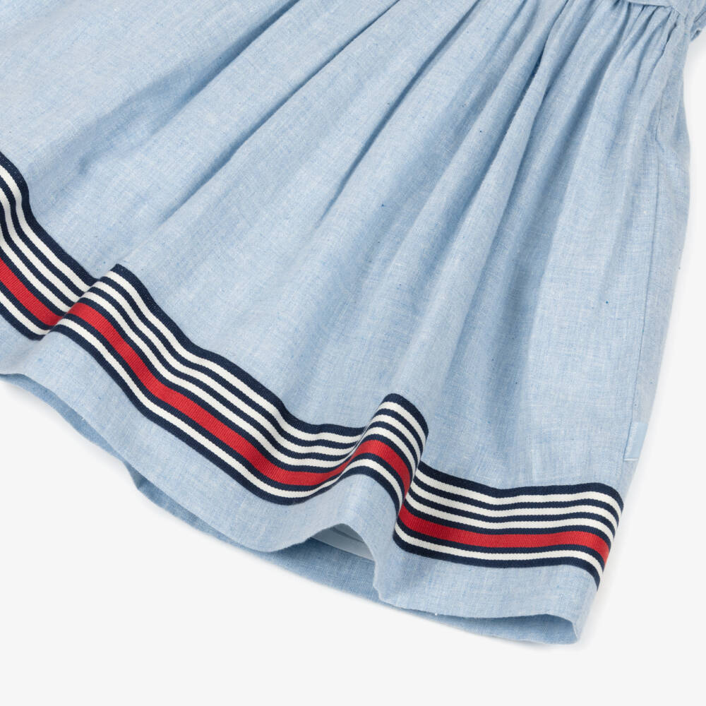 Tutto Piccolo-Girls Blue Linen & Cotton Dress with Striped Trims | Childrensalon