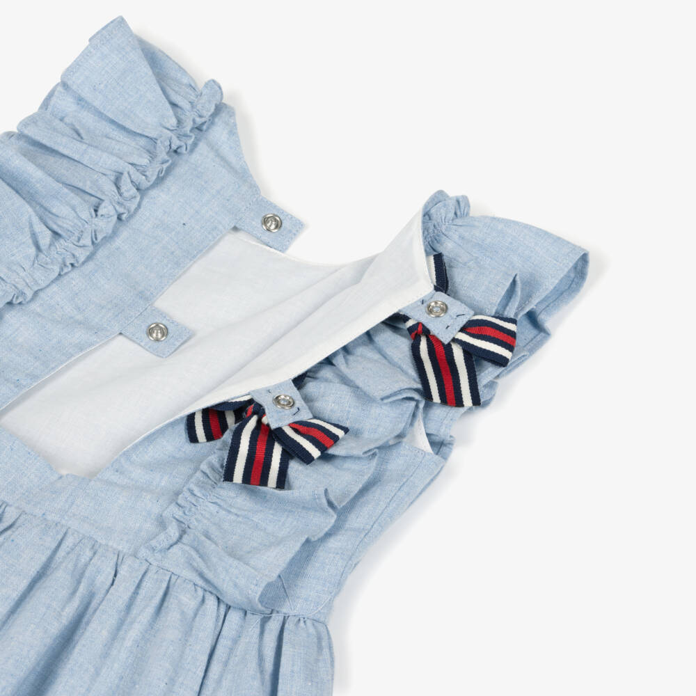 Tutto Piccolo-Girls Blue Linen & Cotton Dress with Striped Trims | Childrensalon