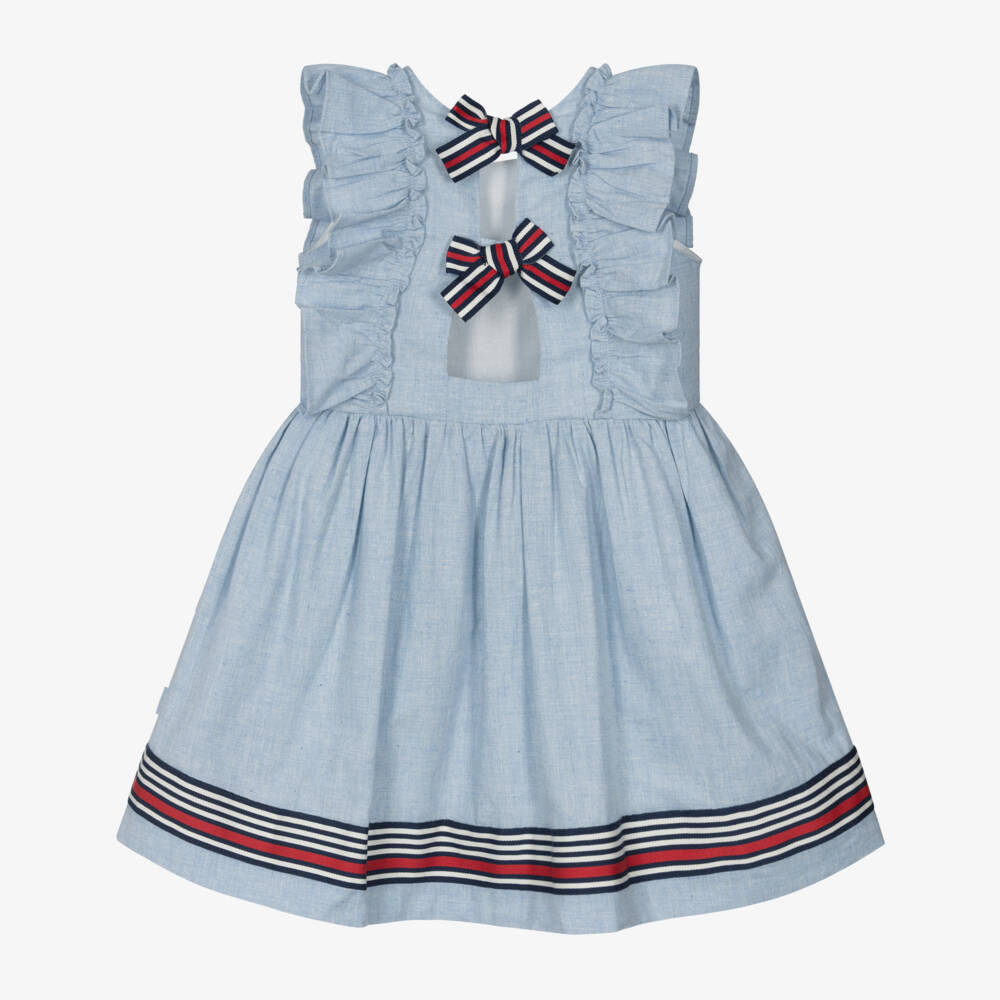 Tutto Piccolo-Girls Blue Linen & Cotton Dress with Striped Trims | Childrensalon