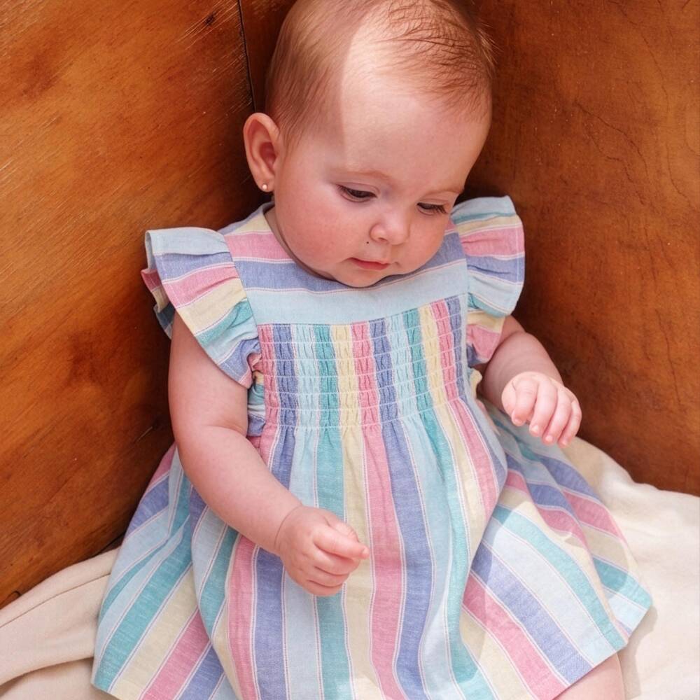 Tutto Piccolo-Girls Blue Pastel Striped Cotton Dress with Knickers | Childrensalon