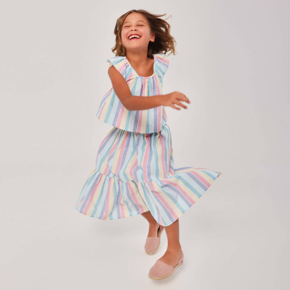 Tutto Piccolo-Girls Blue Pastel Striped Cotton Skirt Set | Childrensalon