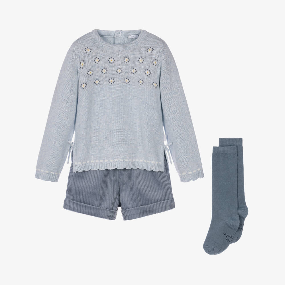 Tutto Piccolo-Girls Blue Sweater & Corduroy Shorts Set | Childrensalon