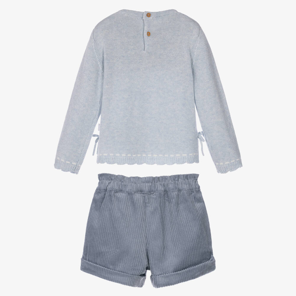 Tutto Piccolo-Girls Blue Sweater & Corduroy Shorts Set | Childrensalon