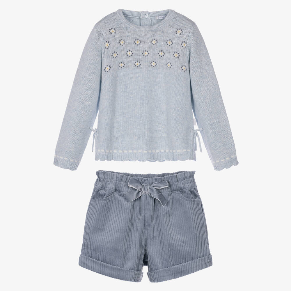 Tutto Piccolo-Girls Blue Sweater & Corduroy Shorts Set | Childrensalon