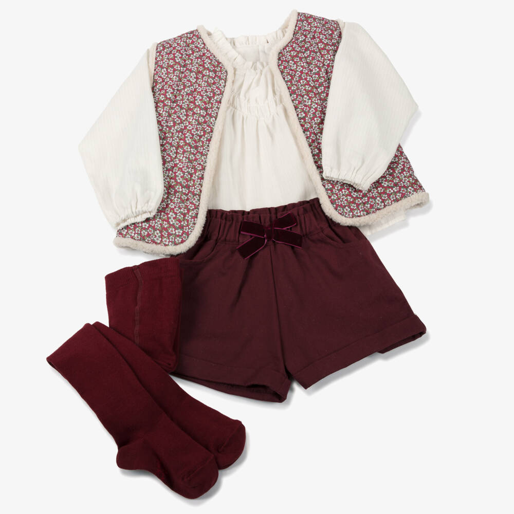 Tutto Piccolo-Комплект с шортами из хлопка в цветочек бордовый для девочек | Childrensalon