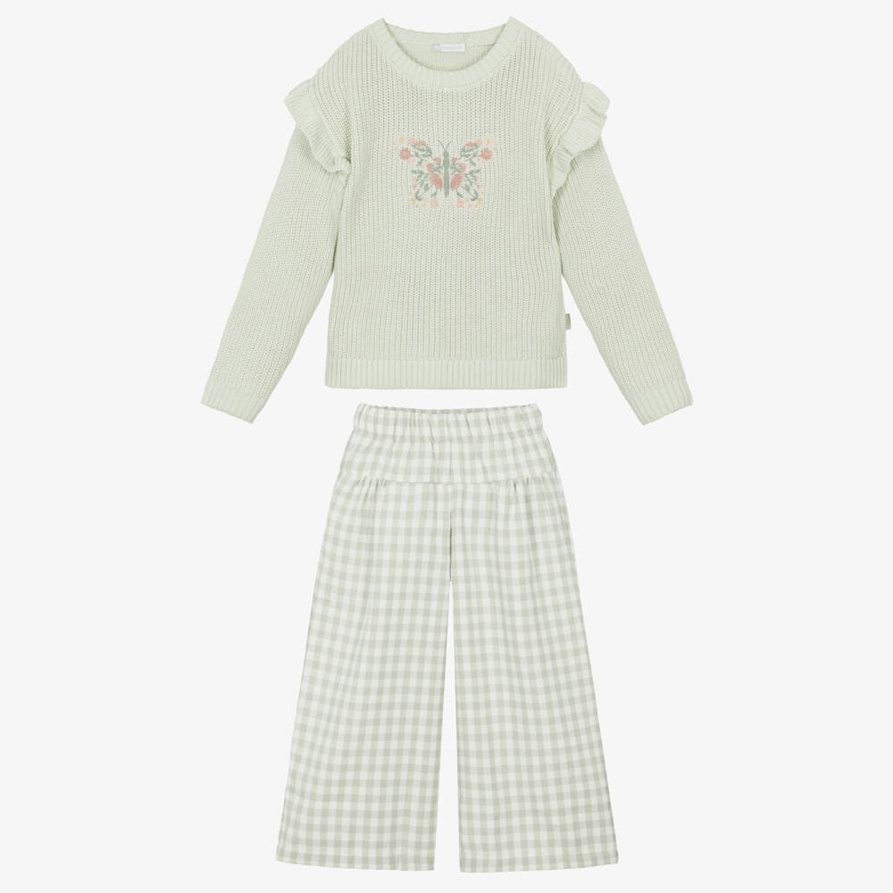 Tutto Piccolo-Girls Green Gingham Trouser Set with Butterfly Embroidery | Childrensalon