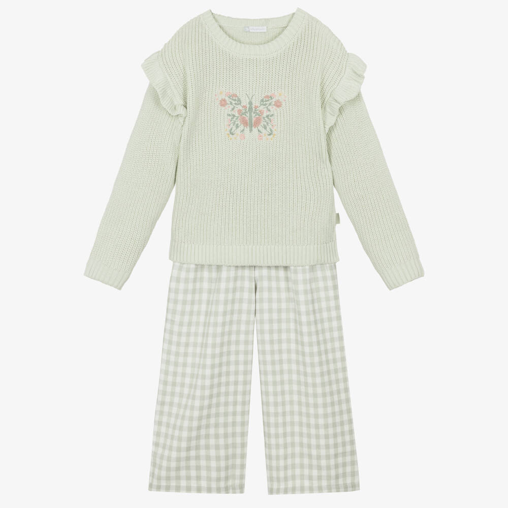 Tutto Piccolo-Girls Green Gingham Trouser Set with Butterfly Embroidery | Childrensalon