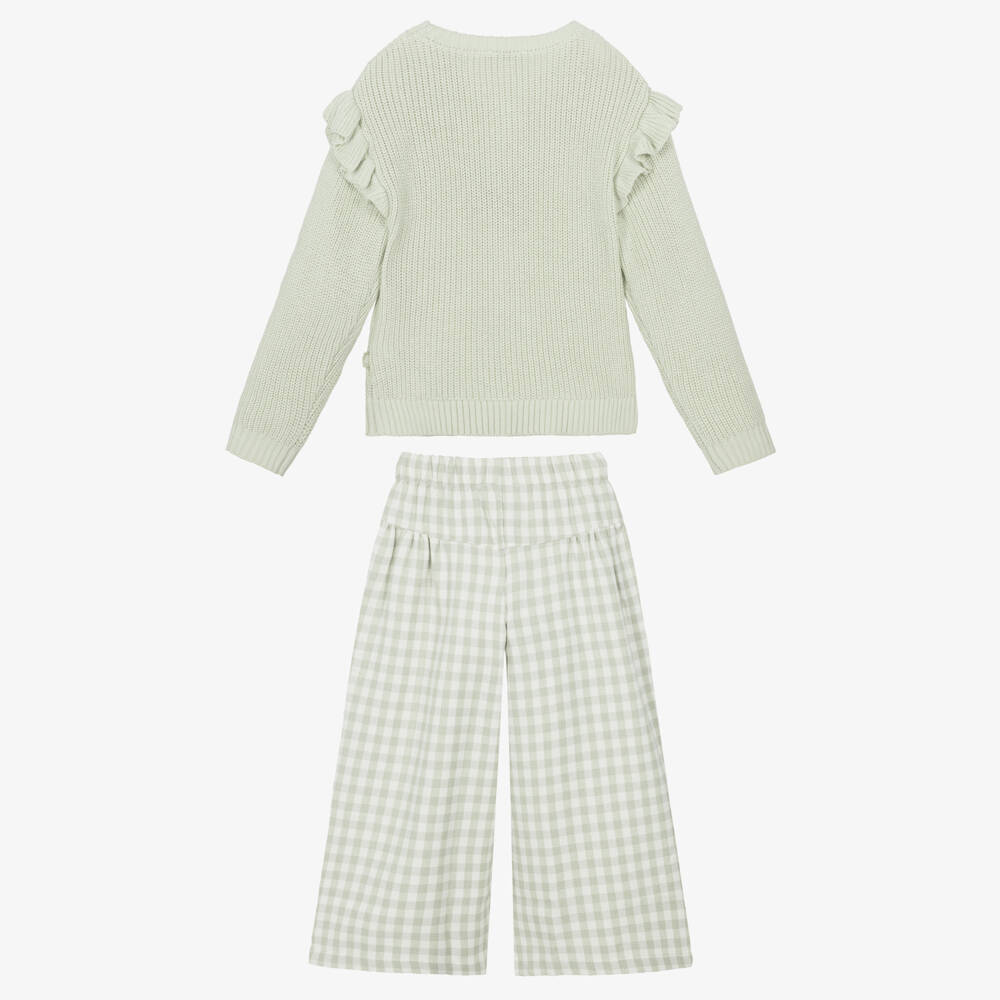 Tutto Piccolo-Girls Green Gingham Trouser Set with Butterfly Embroidery | Childrensalon