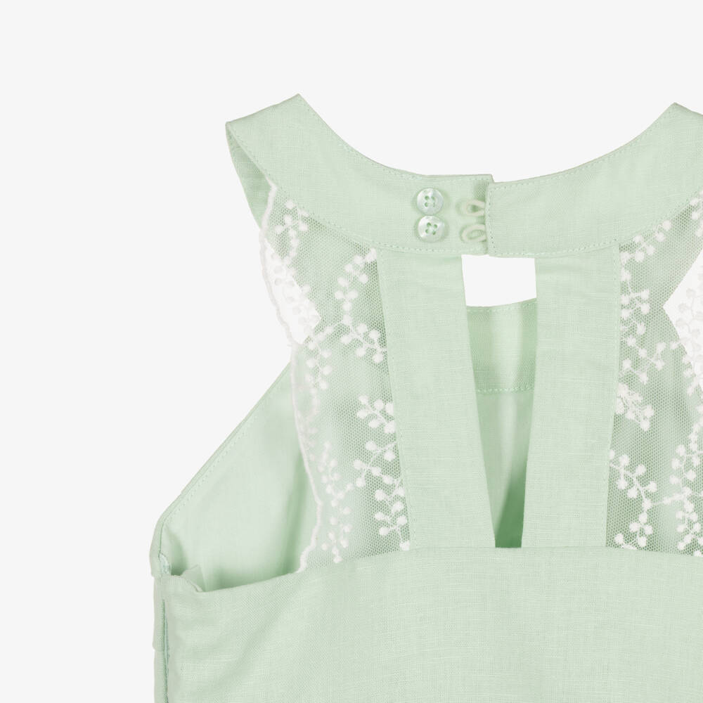 Tutto Piccolo-Girls Green Linen & Cotton Dress with Lace Trims | Childrensalon