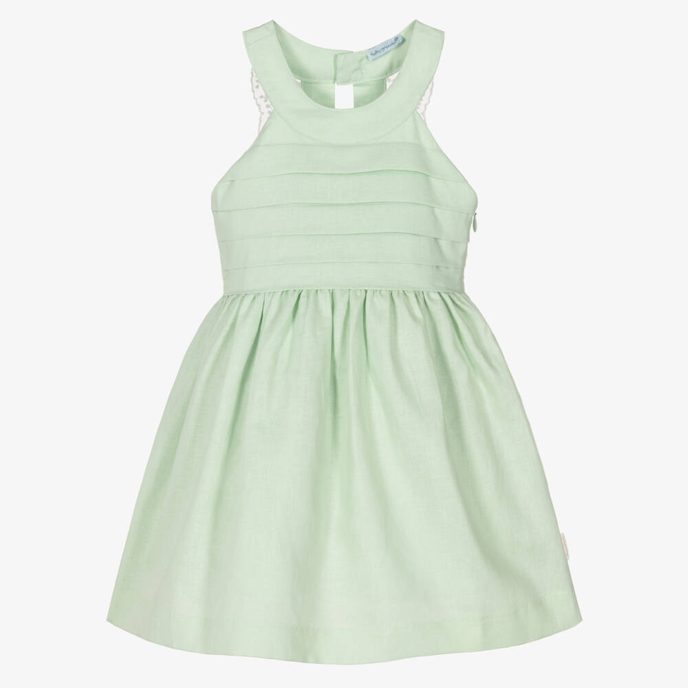 Tutto Piccolo-Girls Green Linen & Cotton Dress with Lace Trims | Childrensalon
