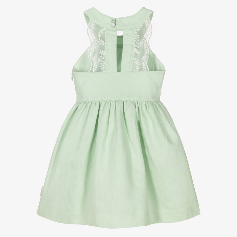 Tutto Piccolo-Girls Green Linen & Cotton Dress with Lace Trims | Childrensalon