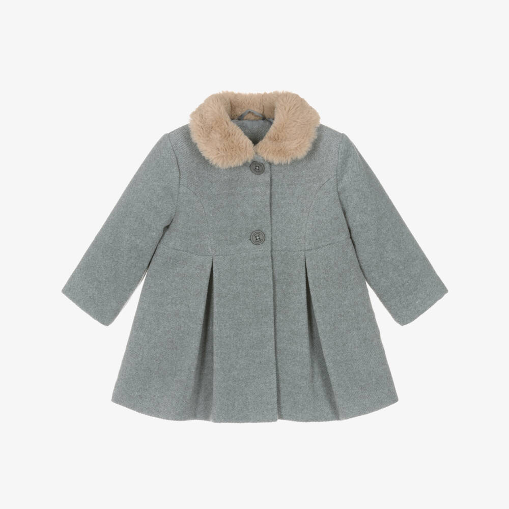 Tutto Piccolo-Girls Grey Pleated Coat with Faux Fur Collar | Childrensalon