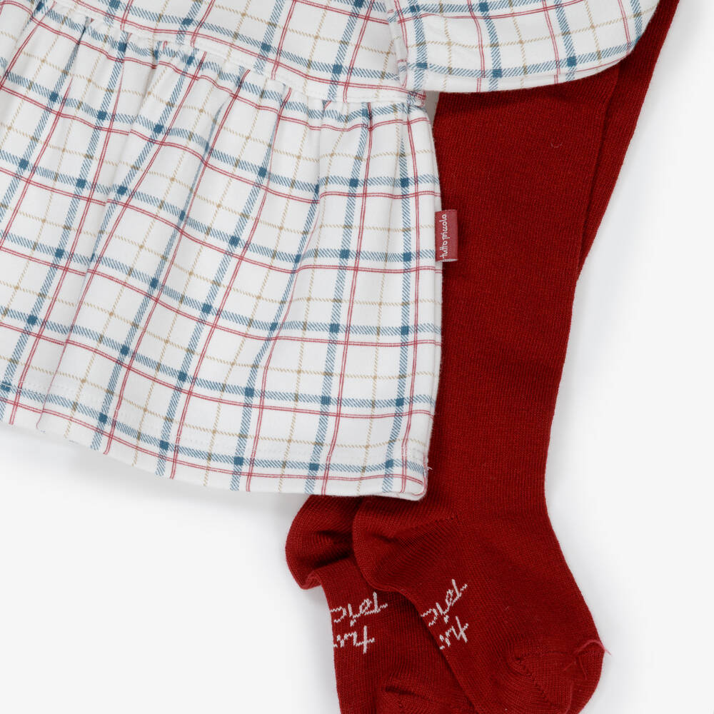 Tutto Piccolo-Girls Ivory Checked Dress & Red Tights Set | Childrensalon