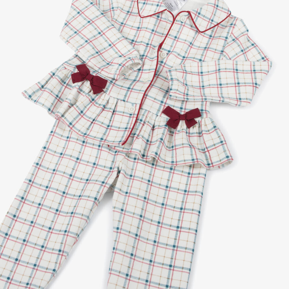 Tutto Piccolo-Girls Ivory Cotton Jersey Bow Pyjamas with Red & Blue Check | Childrensalon