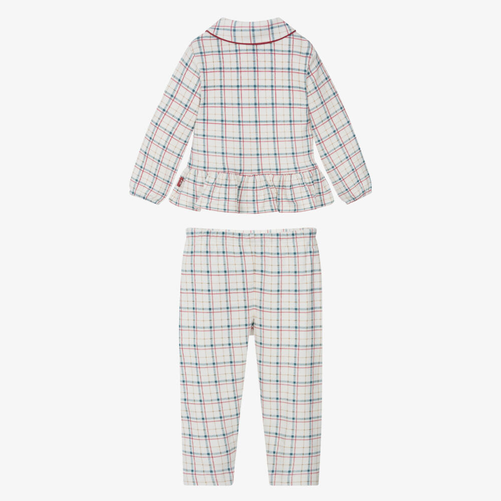 Tutto Piccolo-Girls Ivory Cotton Jersey Bow Pyjamas with Red & Blue Check | Childrensalon