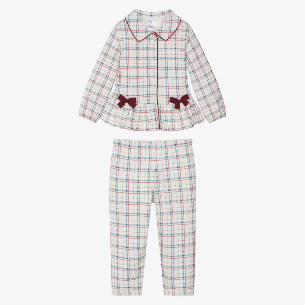 Tutto Piccolo-Girls Ivory Cotton Jersey Bow Pyjamas with Red & Blue Check | Childrensalon
