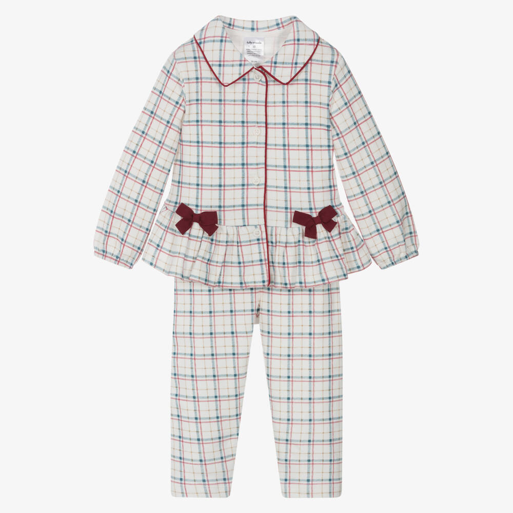 Tutto Piccolo-Girls Ivory Cotton Jersey Bow Pyjamas with Red & Blue Check | Childrensalon