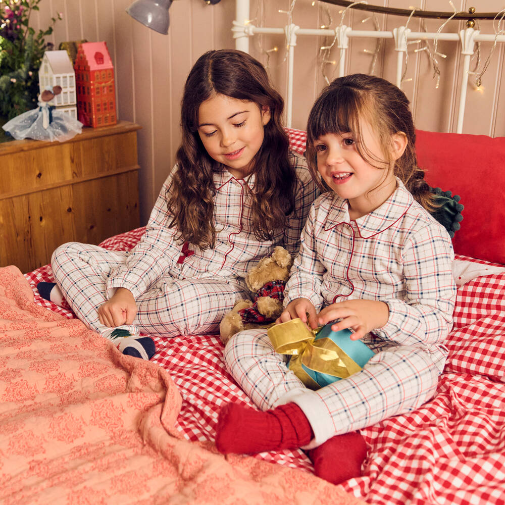 Tutto Piccolo-Girls Ivory Cotton Jersey Bow Pyjamas with Red & Blue Check | Childrensalon