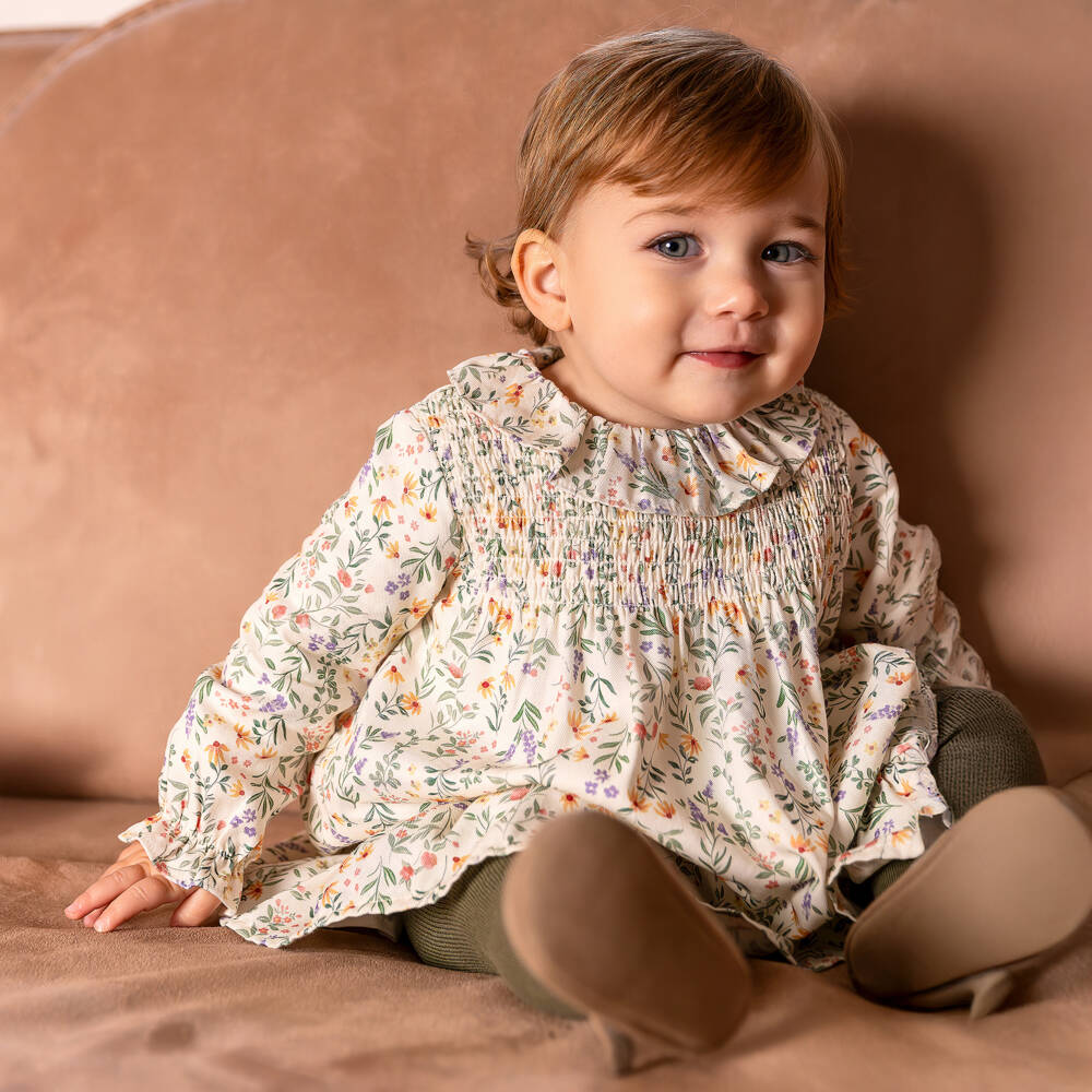 Tutto Piccolo-طقم فستان وكولون بنقشة ورود لون أخضر وعاجي للبنات الرضع | Childrensalon