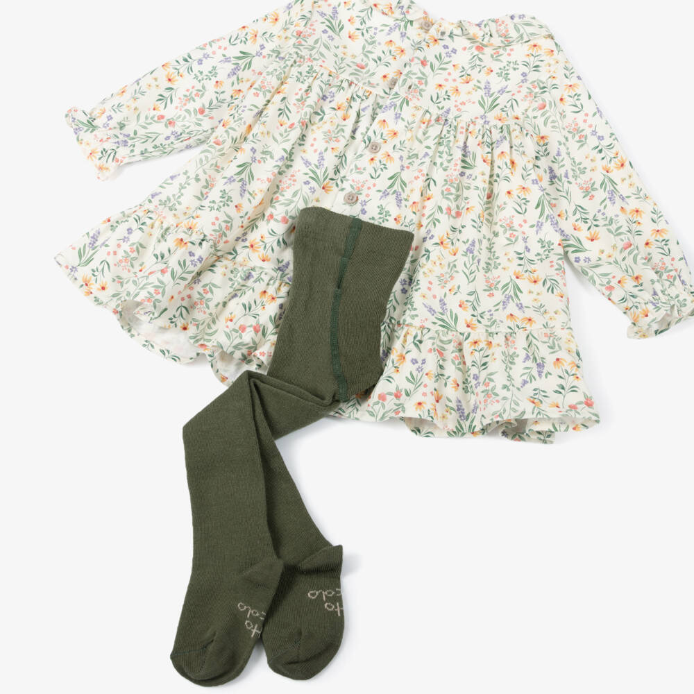 Tutto Piccolo-طقم فستان وكولون بنقشة ورود لون أخضر وعاجي للبنات الرضع | Childrensalon