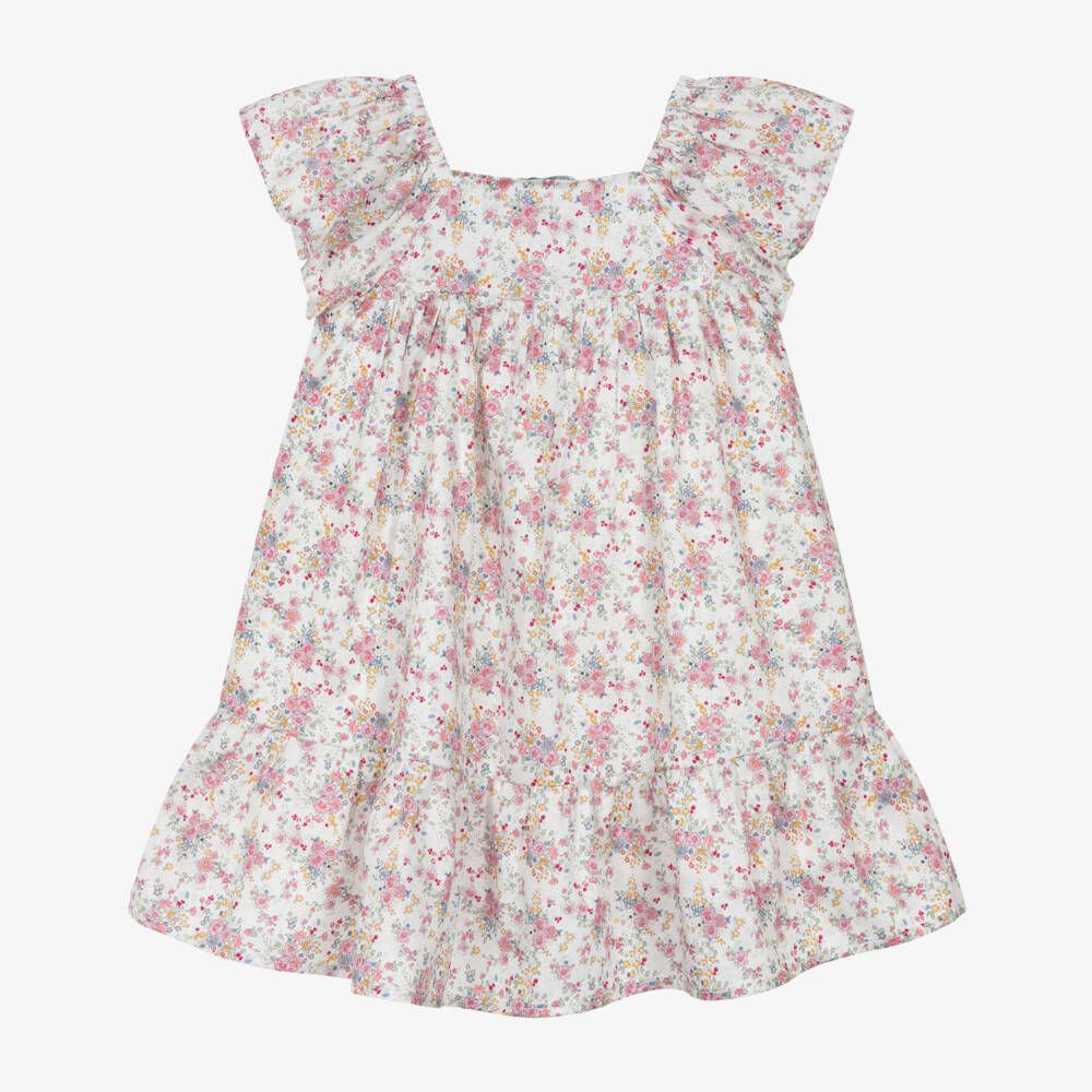 Tutto Piccolo-Girls Ivory & Pink Floral Cotton Dress with Shirred Bodice | Childrensalon